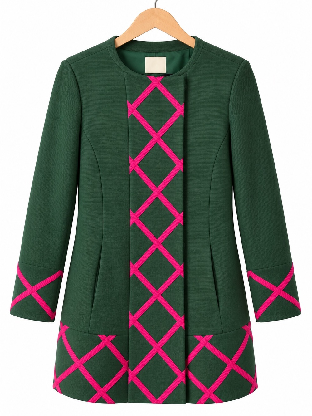 Elevenses Green Pink Lattice Trim Jacket Size 14 Retro Mod Statement Coat Winter